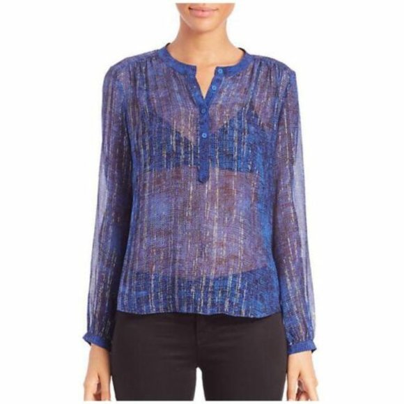 REBECCA TAYLOR New Sheer Metallic SILK Top Blouse Top Long Sleeve Blue Silver 4 - Picture 1 of 4